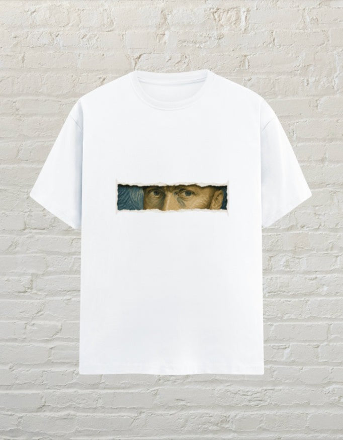 CoreTeez white unisex cotton t-shirt featuring a Van Gogh eye graphic print in a torn paper effect style.