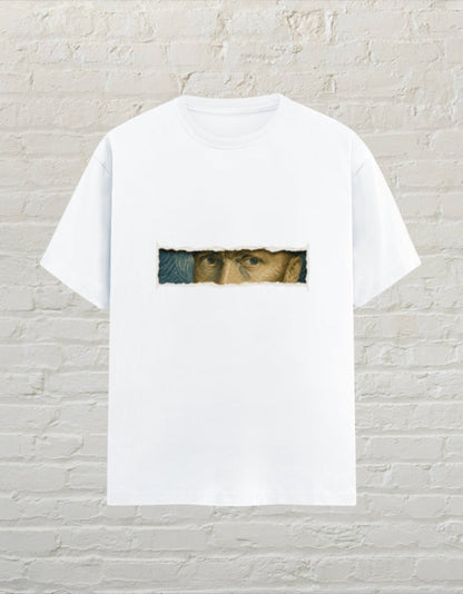 CoreTeez white unisex cotton t-shirt featuring a Van Gogh eye graphic print in a torn paper effect style.