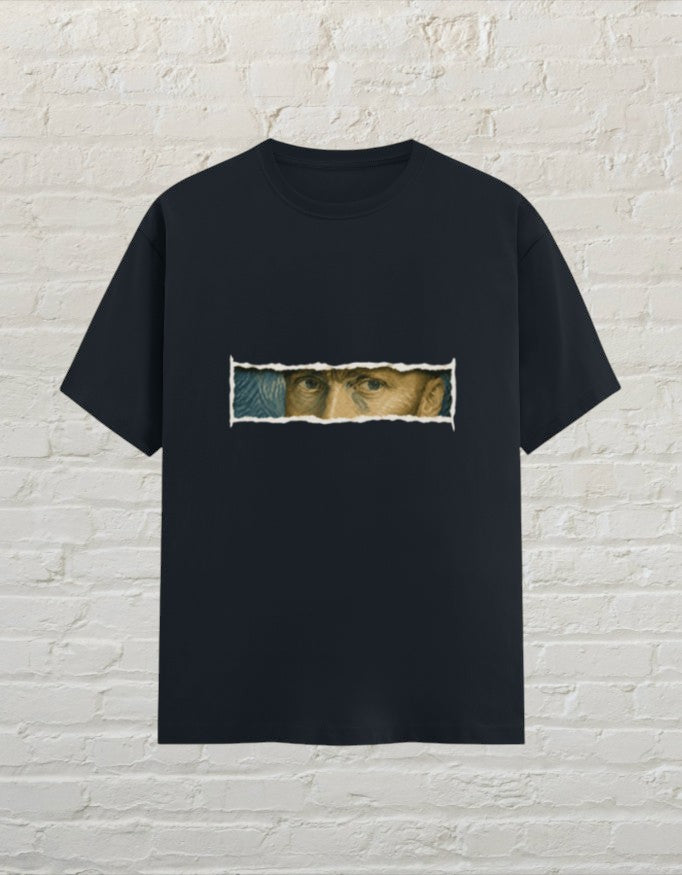 CoreTeez navy blue unisex cotton t-shirt featuring a Van Gogh inspired graphic of eyes peeking through a torn paper effect