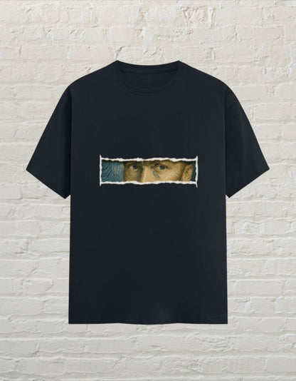 CoreTeez navy blue unisex cotton t-shirt featuring a Van Gogh inspired graphic of eyes peeking through a torn paper effect