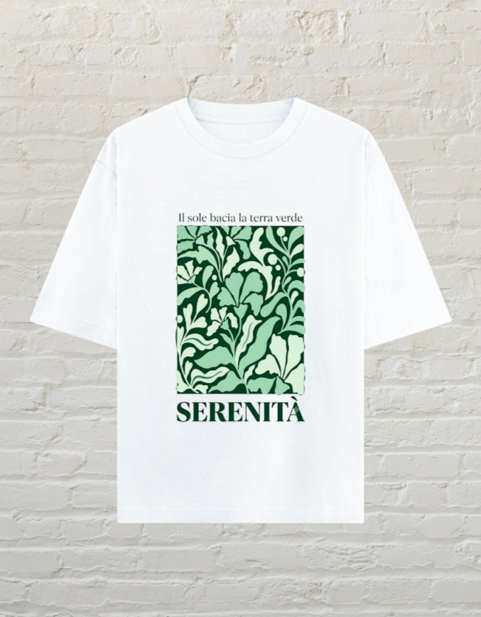 CoreTeez white unisex oversized cotton t-shirt featuring a botanical graphic print and Italian text.
