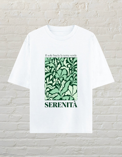 CoreTeez white unisex oversized cotton t-shirt featuring a botanical graphic print and Italian text.