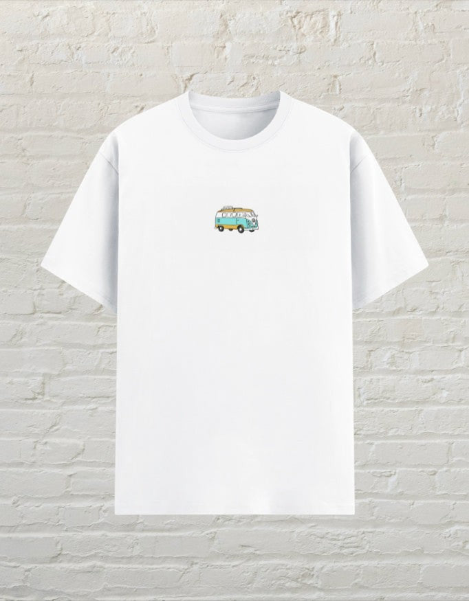CoreTeez white unisex poly-cotton t-shirt featuring a small retro camper van graphic on the chest