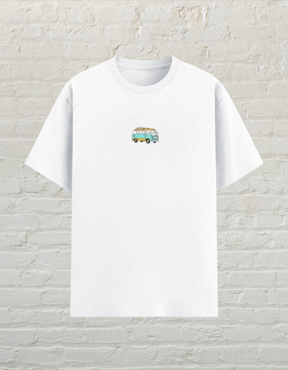 CoreTeez white unisex poly-cotton t-shirt featuring a small retro camper van graphic on the chest