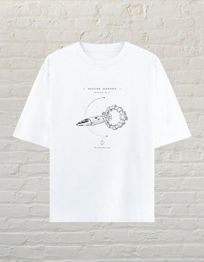 CoreTeez white oversized cotton t-shirt featuring a Interstellar docking sequence graphic print 