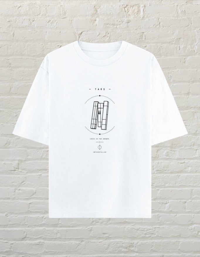 CoreTeez white unisex oversized cotton t-shirt featuring a minimalist black TARS sci-fi graphic print