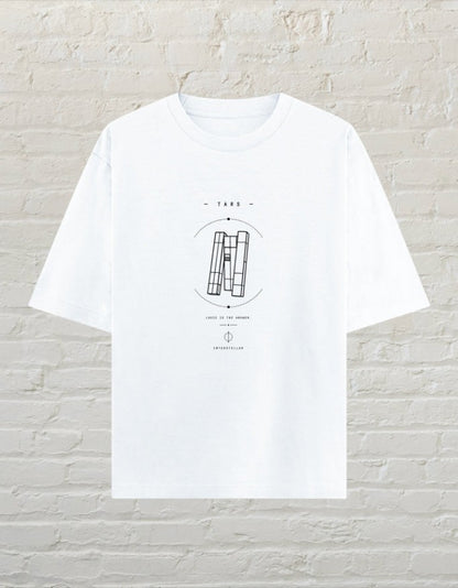 CoreTeez white unisex oversized cotton t-shirt featuring a minimalist black TARS sci-fi graphic print