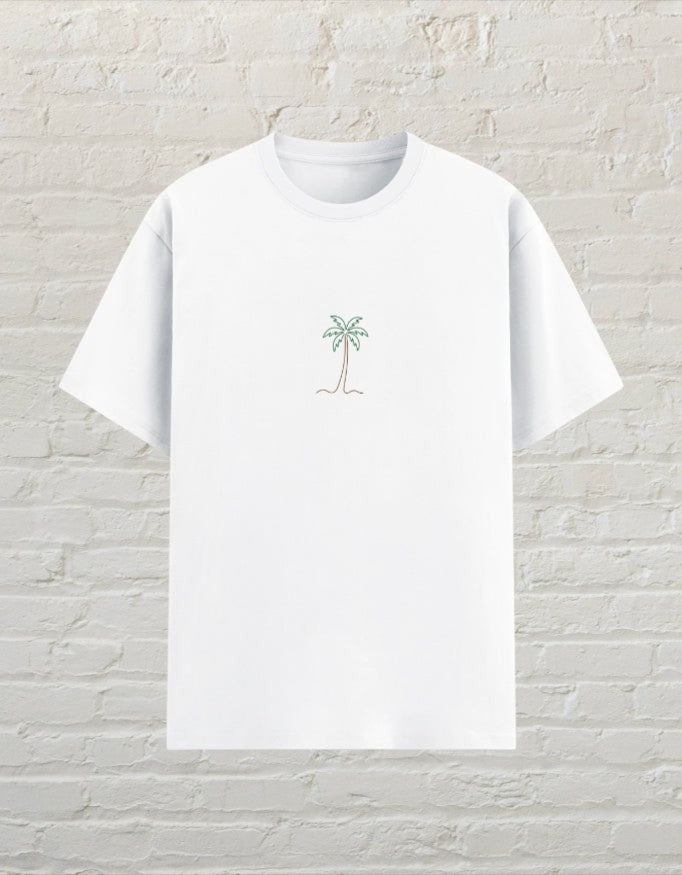 CoreTeez white unisex poly-cotton graphic t-shirt featuring a minimalist palm tree line art design
