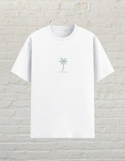 CoreTeez white unisex poly-cotton graphic t-shirt featuring a minimalist palm tree line art design