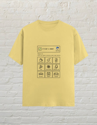 CoreTeez yellow unisex cotton t-shirt featuring a funny I'm Not A Robot graphic print.