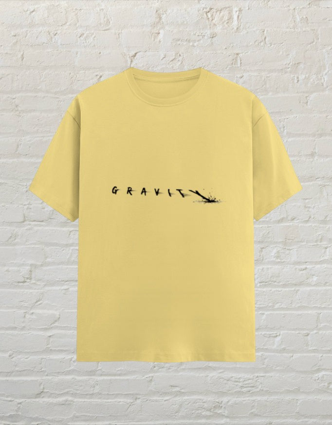 CoreTeez unisex yellow cotton graphic t-shirt featuring the word Gravity in a minimalist font