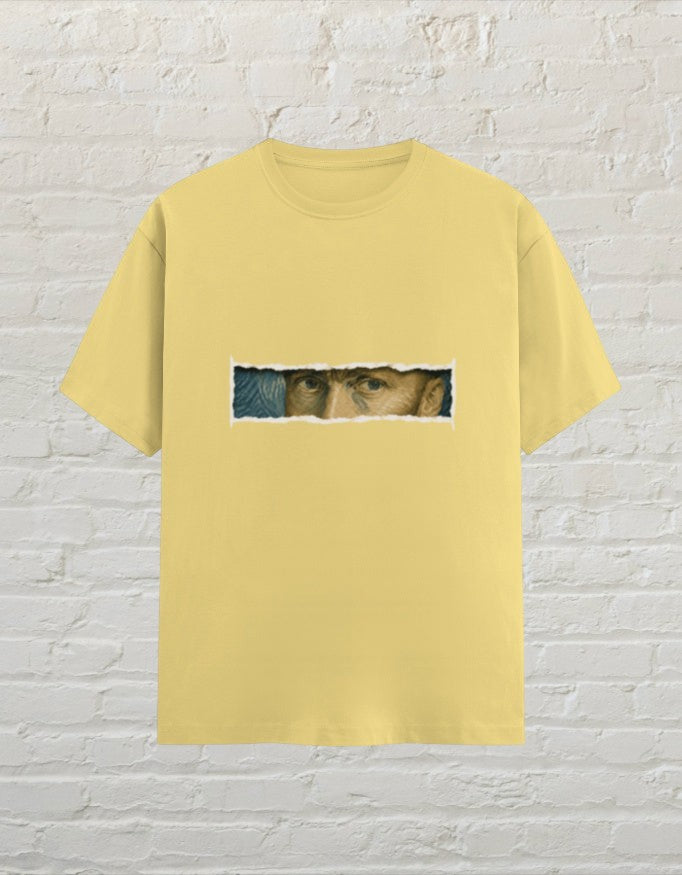 CoreTeez unisex yellow cotton t-shirt featuring a Vincent van Gogh eye graphic print.